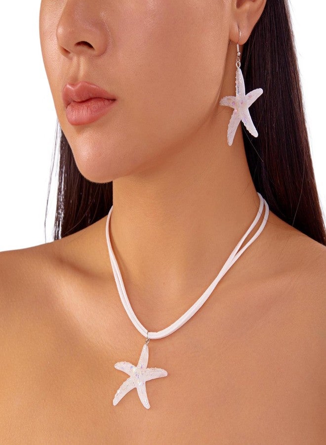 WFik Summer White Rope Chain Starfish Pendant Necklace Earrings Sets Bikini Multi-layered Clavicle Chain Necklace Crystal Big Starfish Earrings for Women (White) - Image 2